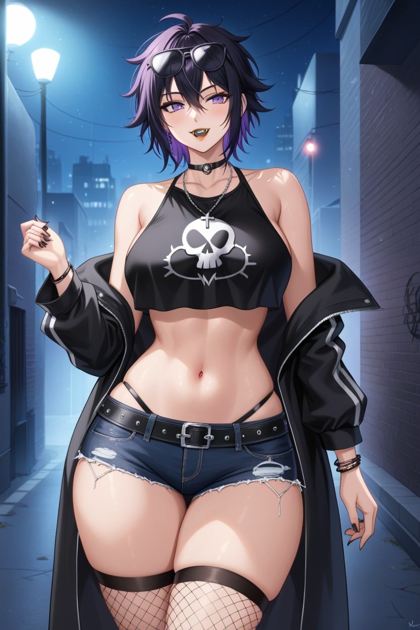 Wasp Waist, Skull Print Crop Top, Man Hentai AI Porn
