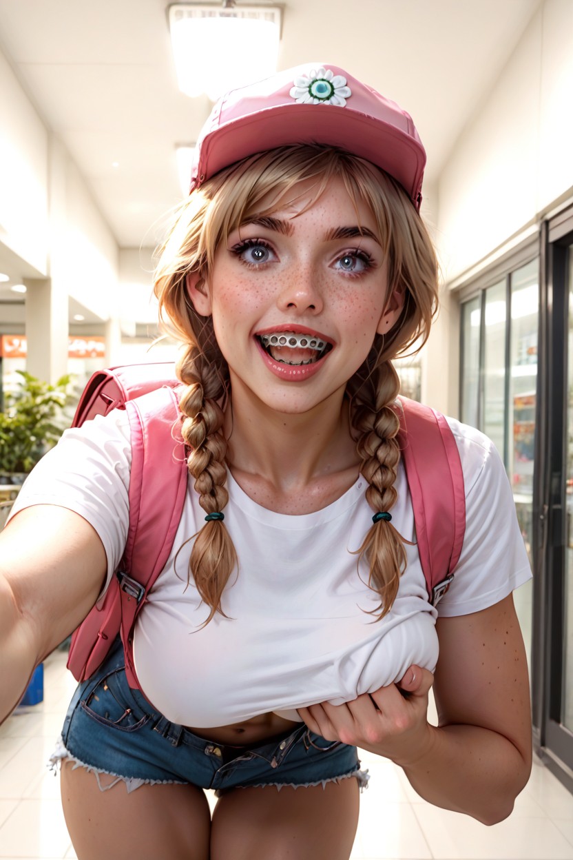 Light Brown Eyes, Cropped Loose Buttoned Top With Lot Of Underboob, Small Ass AI Porn