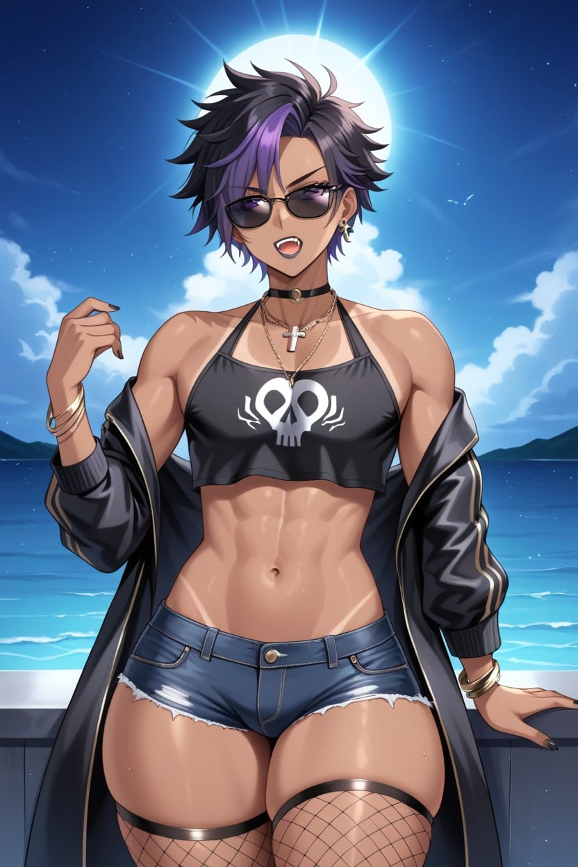 Man, Night, Skull Print Crop Top Hentai AI Porn