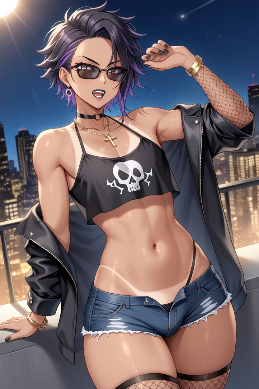 Standing, Wasp Waist, Cool Black Sunglasses Hentai AI Porn