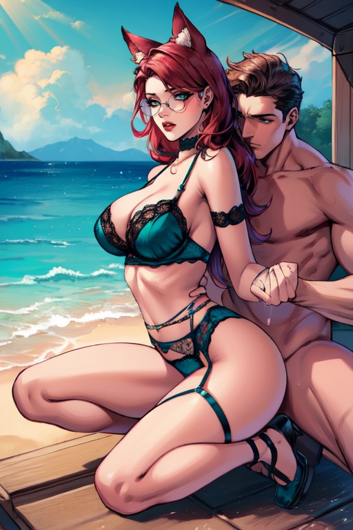 Garter Belt, Teal Lingerie Bodysuit, Side Angle Hentai AI Porn