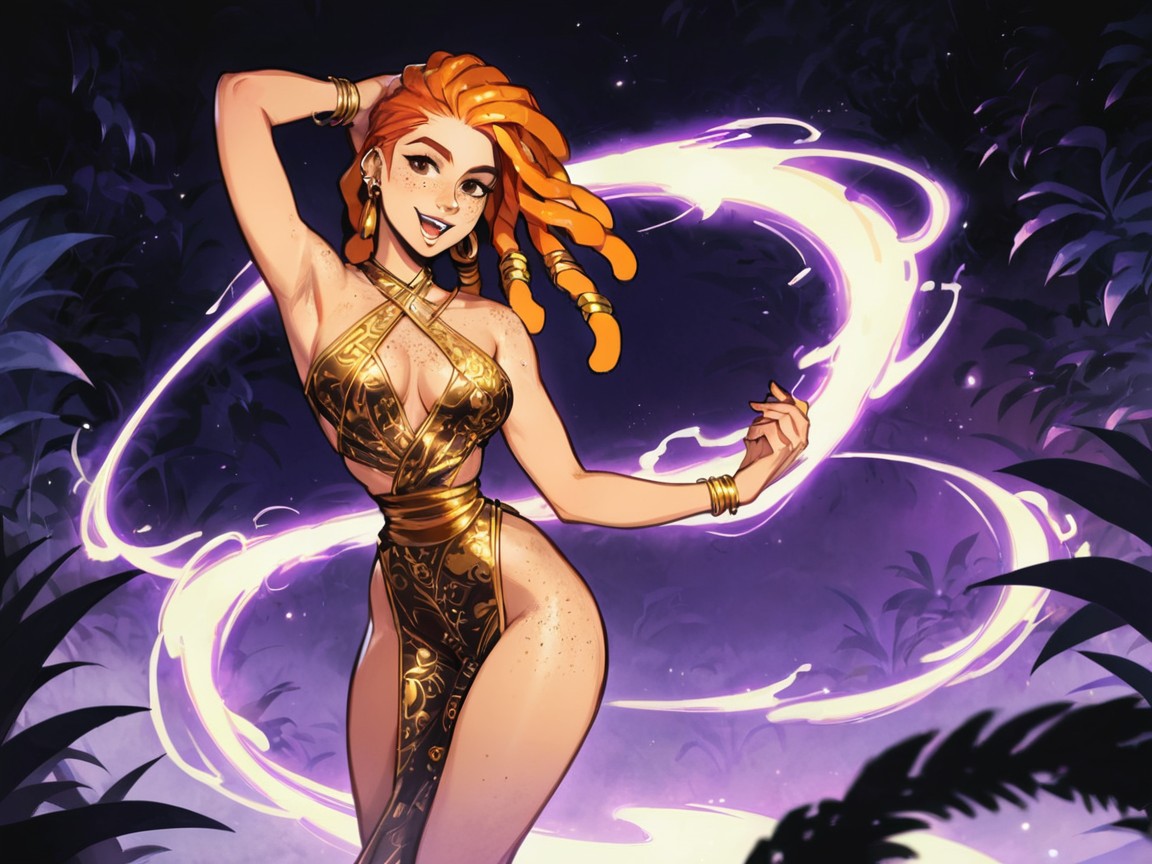 Gold Cape, Purple Background Ambiance Tint, Neon Purple Flora In Background Porno IA Latina