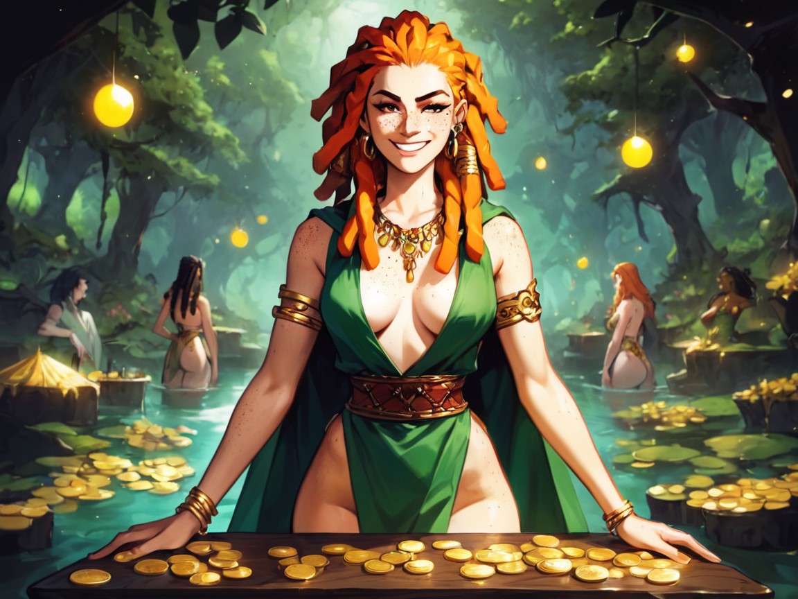 Neon Green Scrap On Table, Gold Coins On Table, Ojos Marrones Porno latina IA