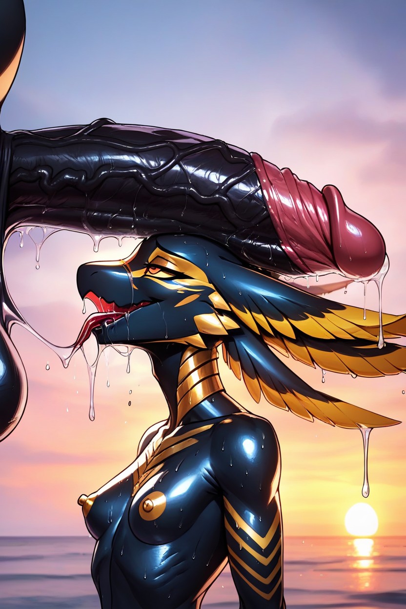 Head Tilted Back, Penis On Face, Gold Markings On Body Furry AI Porn