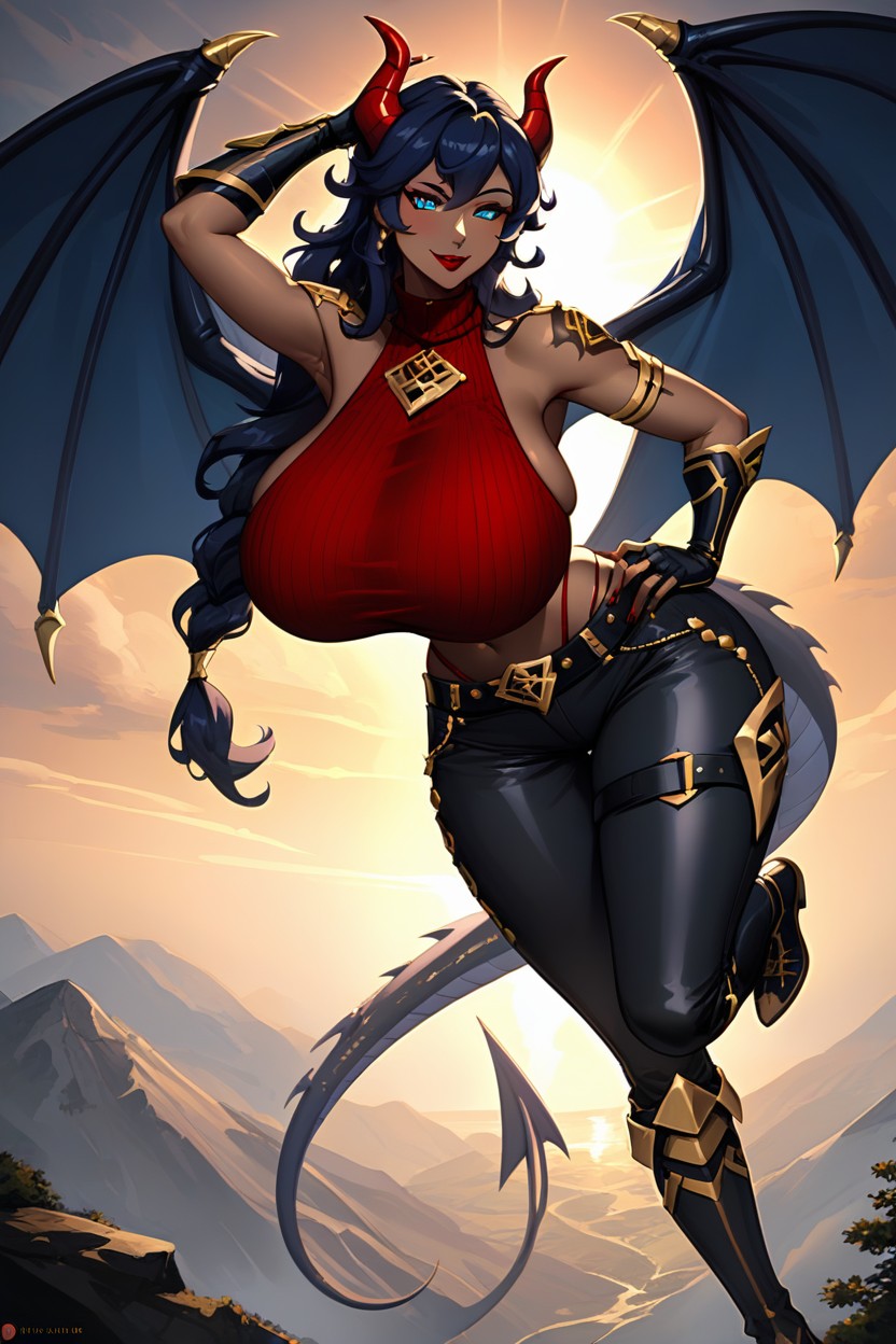 Pinup Pose, Blue Sclera, Blue Knee Length Cargo Pants With Black Trim Hentai AI Porn