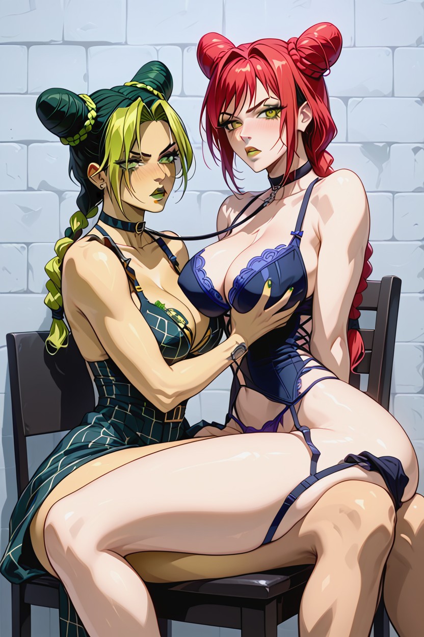 Makima Grabs Jolynes Breast, 2 Personas, Front View Hentai IA
