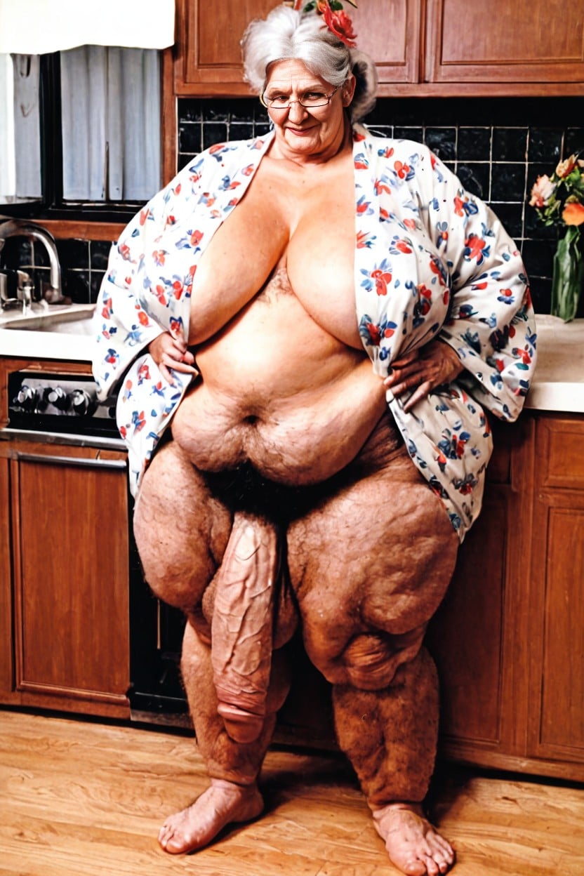 Flower Print Clothing, Light Blue Bathrobe, Peeping On Grandma In Kitchen AI Porn