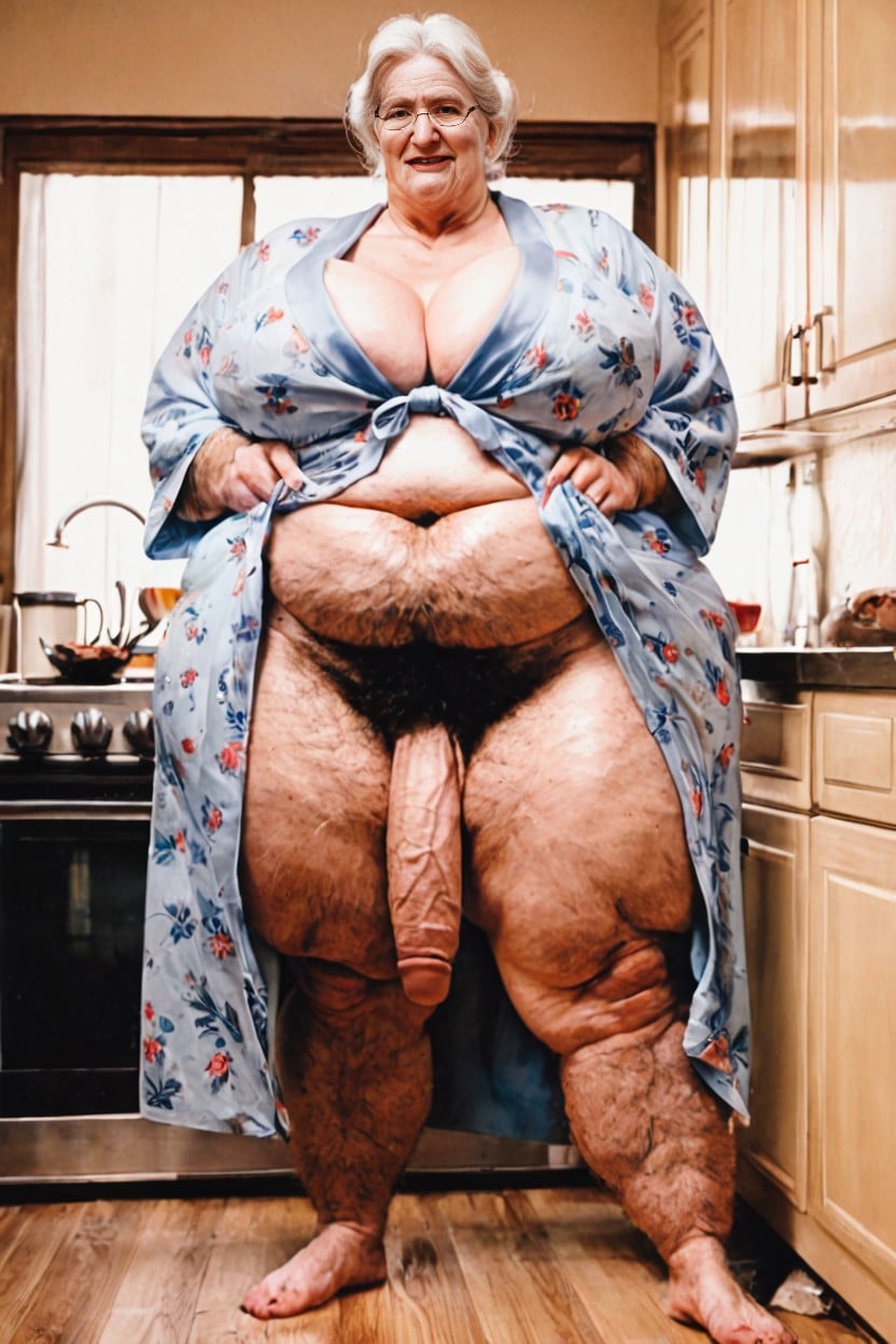 Kitchen, Light Blue Bathrobe, Futanari AI Porn