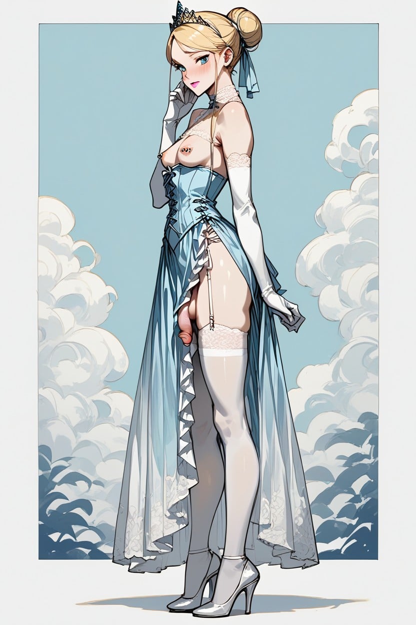 Grans Inner Thick Foreskin, Pale White Skin, Bell Lines Light Blue Long Skirt Shemale AI Porn