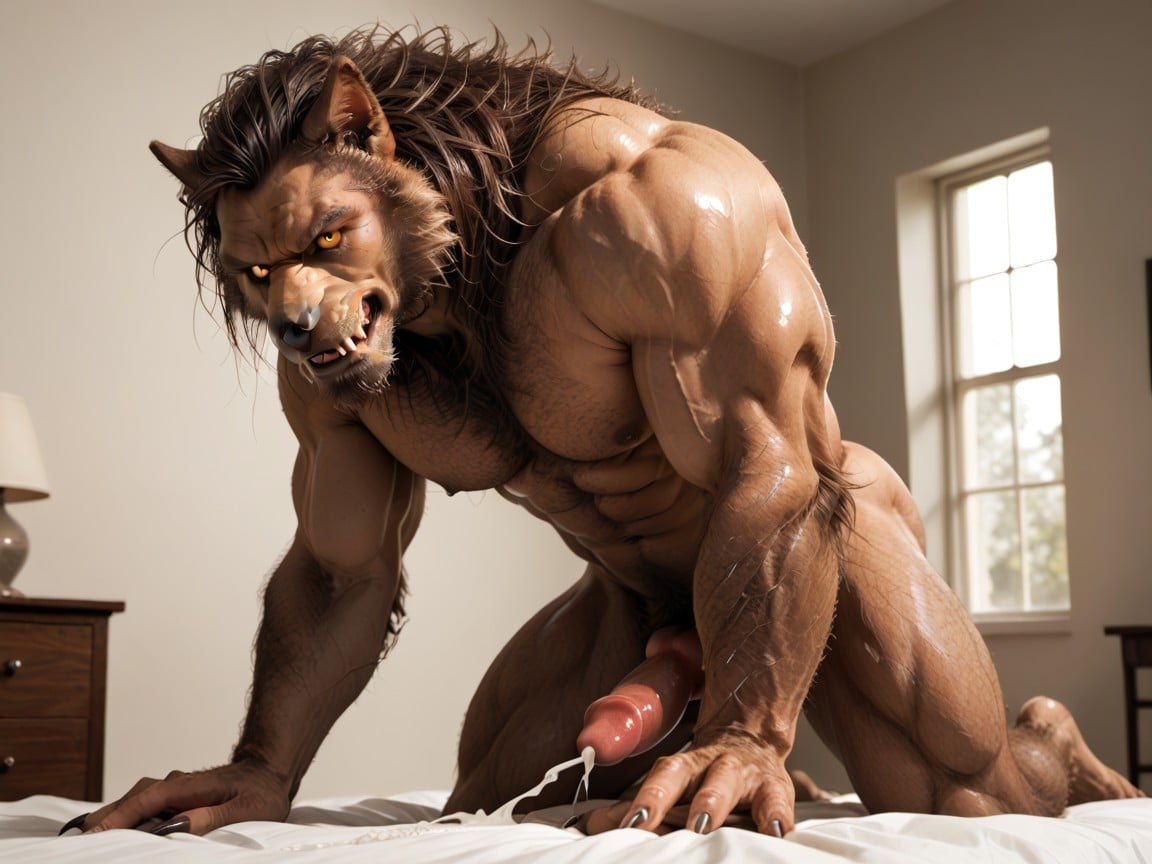 Werewolf Has Yellow Eyes, Werewolf Body Is Covered With Light Brown Fur, Buzzcut AI Gay Porn