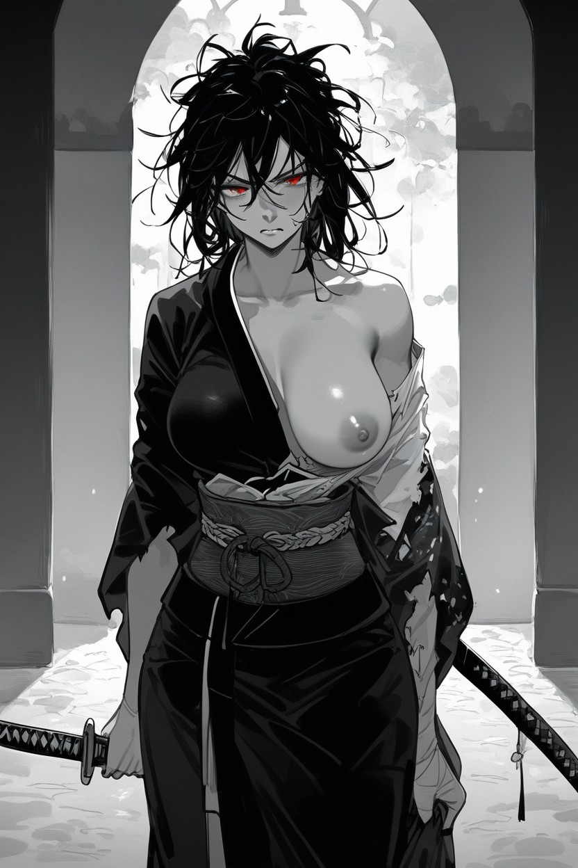 Busty, Standing Woman Dragging A Katana, Messy Hair Hentai AI Porn