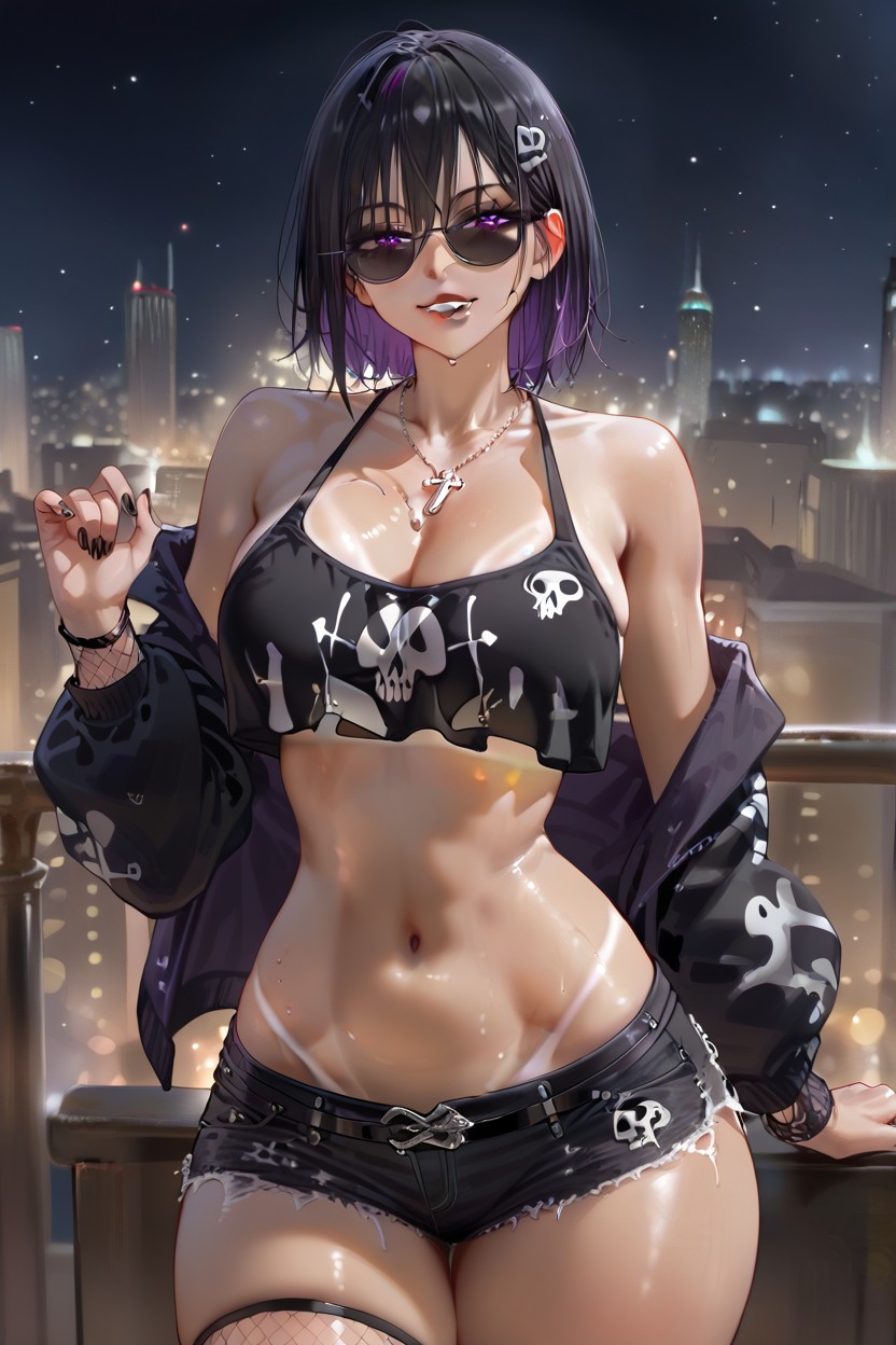 Black Lipstick, Skull Print Crop Top, Male Hentai AI Porn