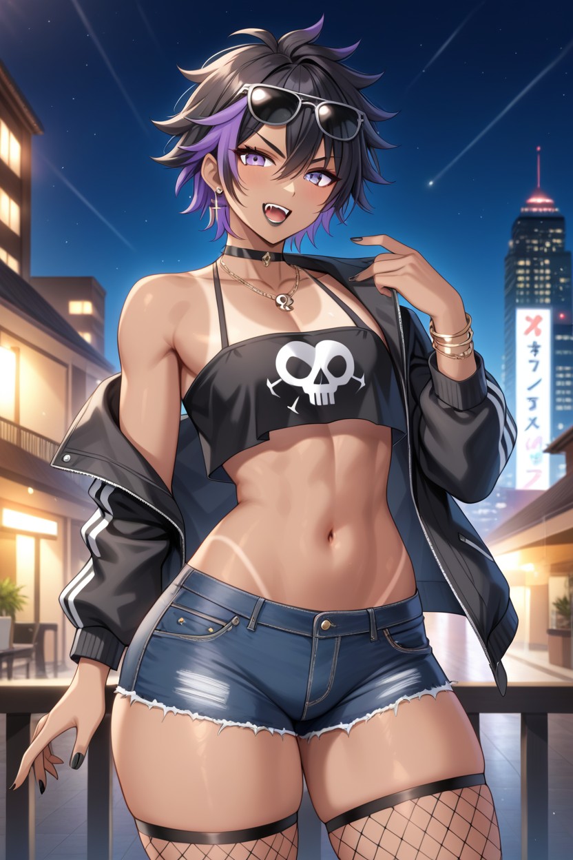 Messy Hair, Sleeveless Crop Top, Night Hentai AI Porn