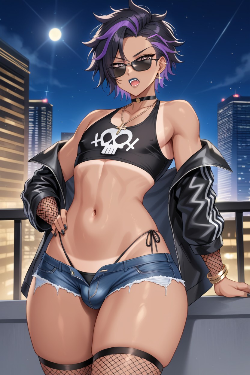 Fangs, Black Fishnet Sleeves, Feminine Hentai AI Porn