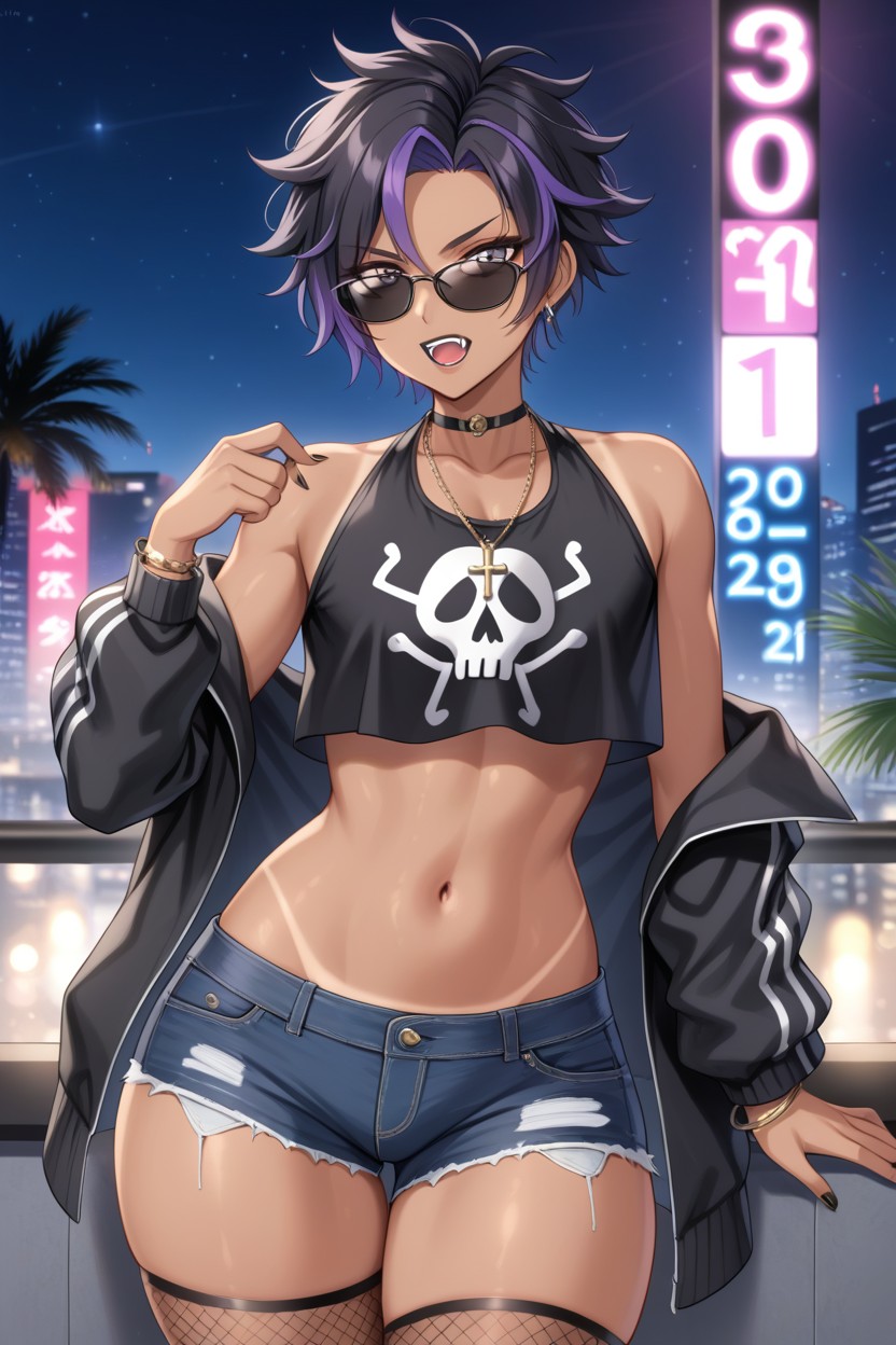 Jean Shorts, Fangs, Black Hair And Purple Hair Hentai AI Porn