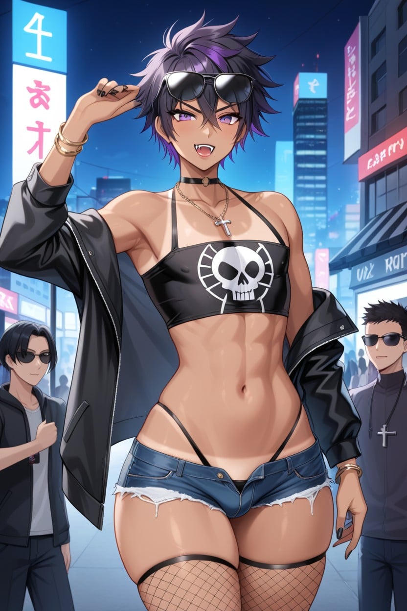 Skull Print Crop Top, Angry, Black Nails Hentai AI Porn