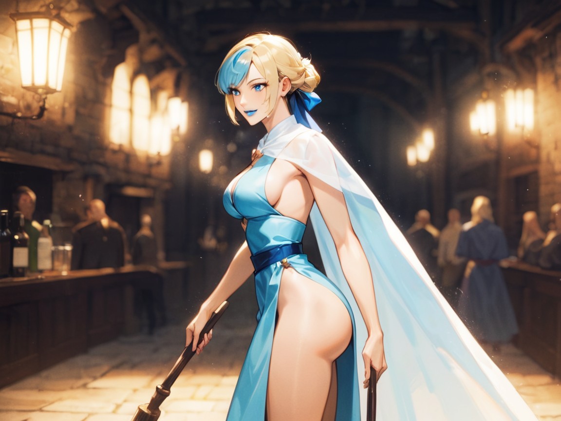 Rounded Breast, Wearing Blue Metallic Bard Clothes, Medieval Latina AI Porn