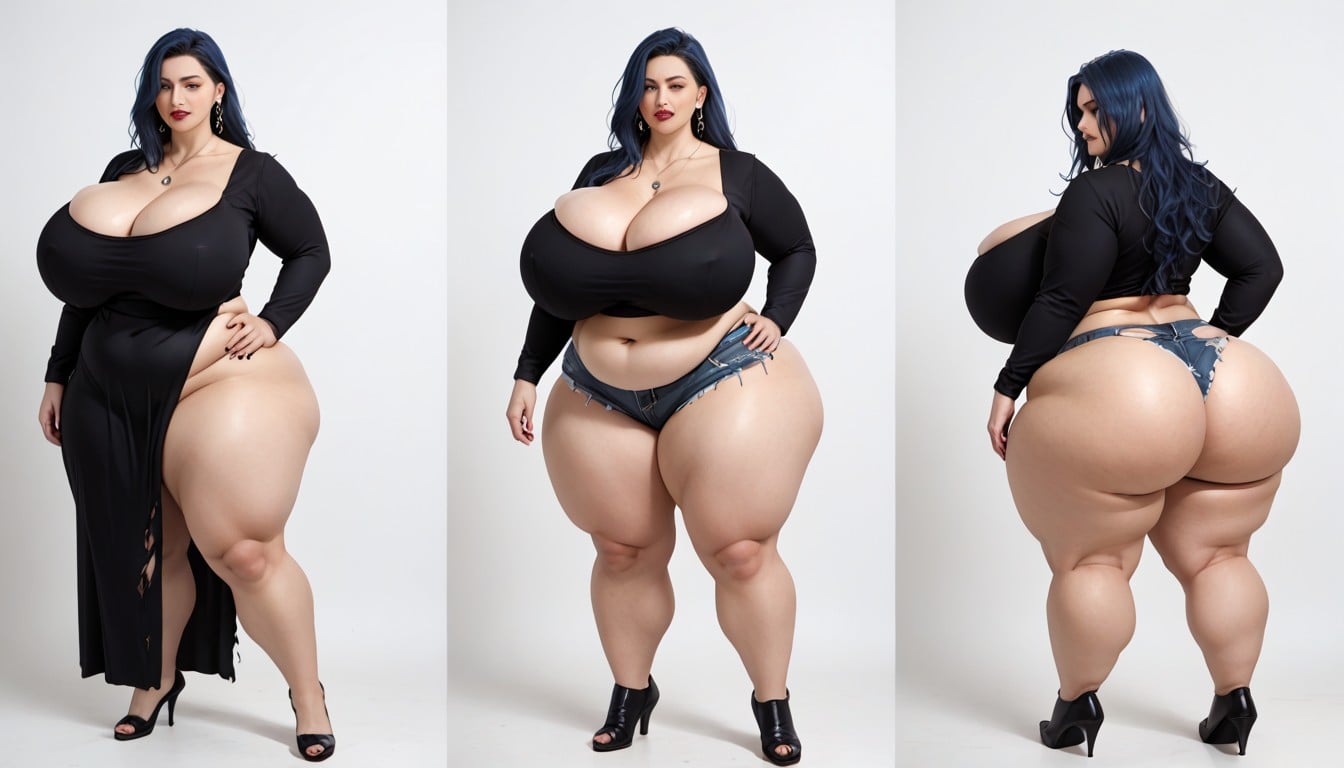 Cleavage, Long Straight Black Blue Hair, Breast Expansion BBW AI Porn