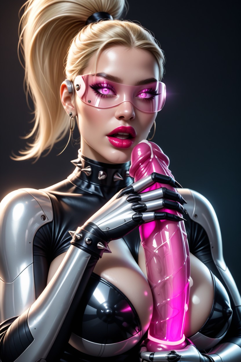 Top Ponytail, She Wears Shiny Black Latex Catsuit And Gloves, Breast Expansion Shemale AI Porn