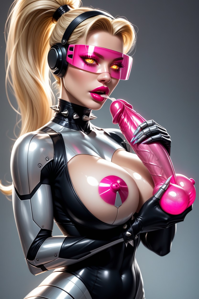 She Wears Clear Visor, Glowing Metallic Balls, Shiny Upper Teeth Shemale AI Porn