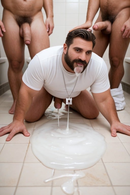 Hyper Cum Puddles Of Cum On Floor, Uncut Cock, Urinal Full Of Cum AI Gay Porn