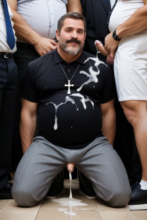 On Knees With Face In Urinal, Front View, Cum Dripping Off Chin AI Gay Porn