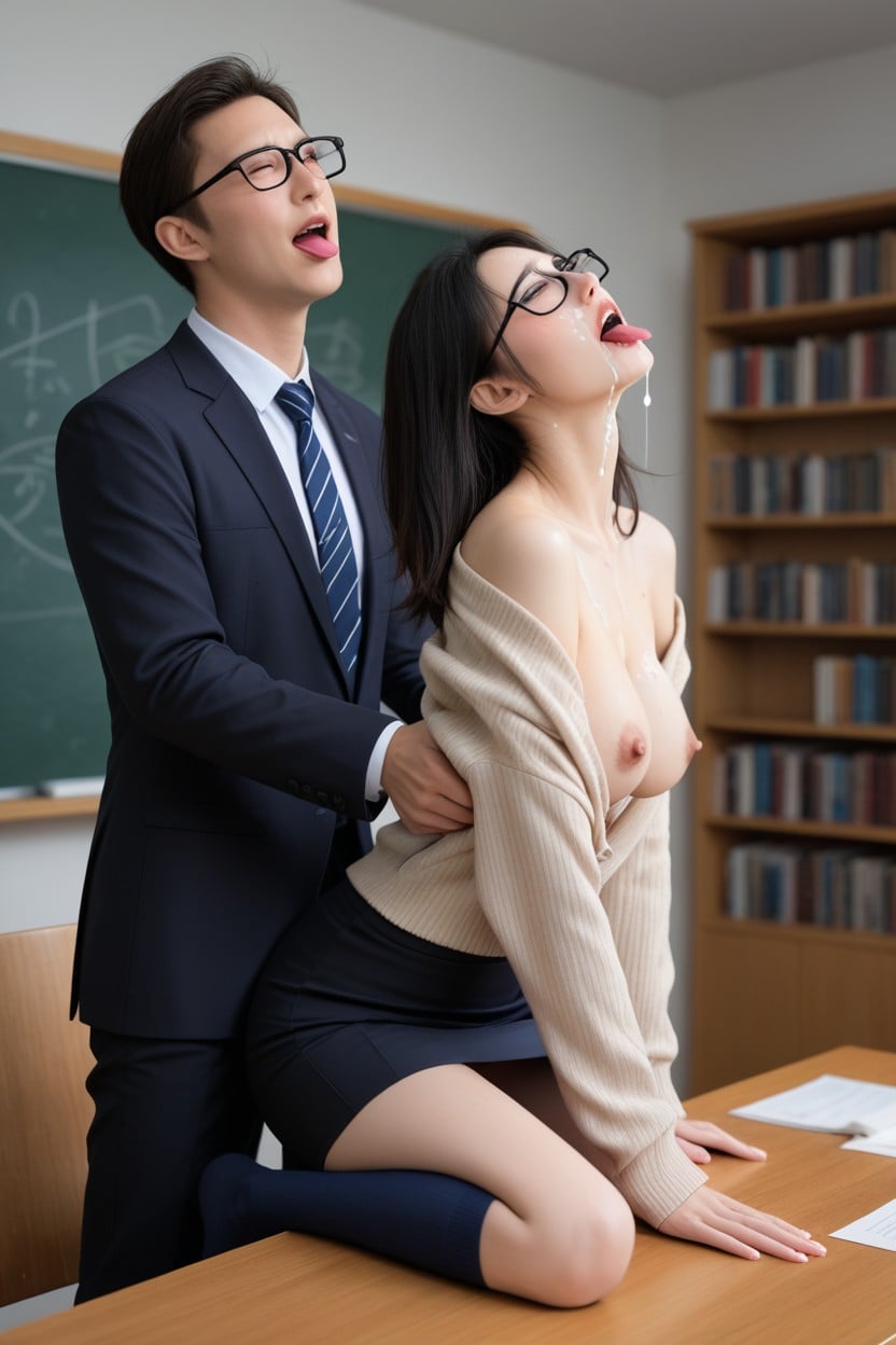 Ahegao, Wearing Black Glasses, Showing Tits Porno IA Asiatique