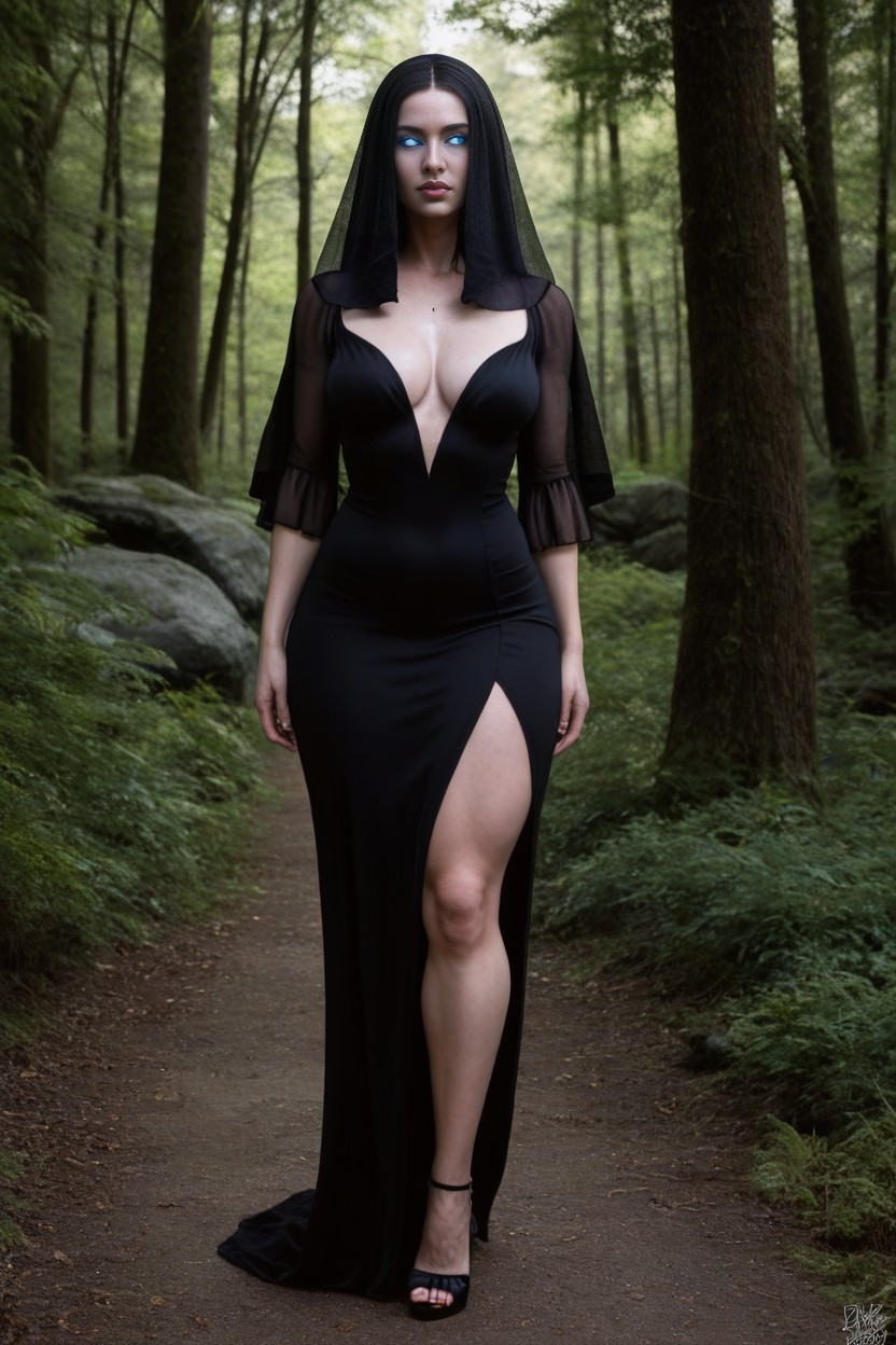 Black Dress, Dark Forest Background, Sharp Jawline AI Porn
