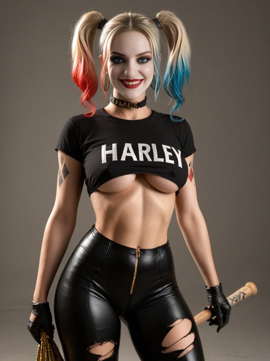 Tattoo, Gold Chain Earring, Harley Quinn Hair Color AI Porn