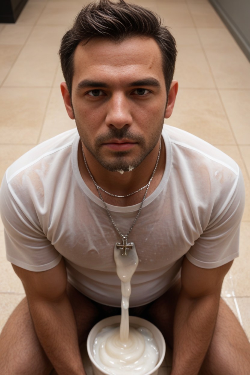 Stained White Shirt, Cum All Over Necklace, Public Washroom AI Gay Porn