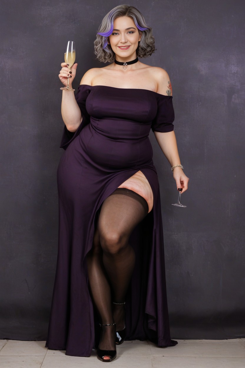 Smokers Lounge, High Neckline Dress, Wavy Hair AI Porn
