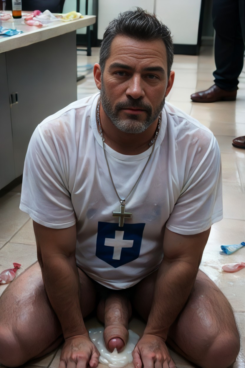 Many Used White Condoms On The Floor, Hyper Cumcum Drool, Top Down AI Gay Porn