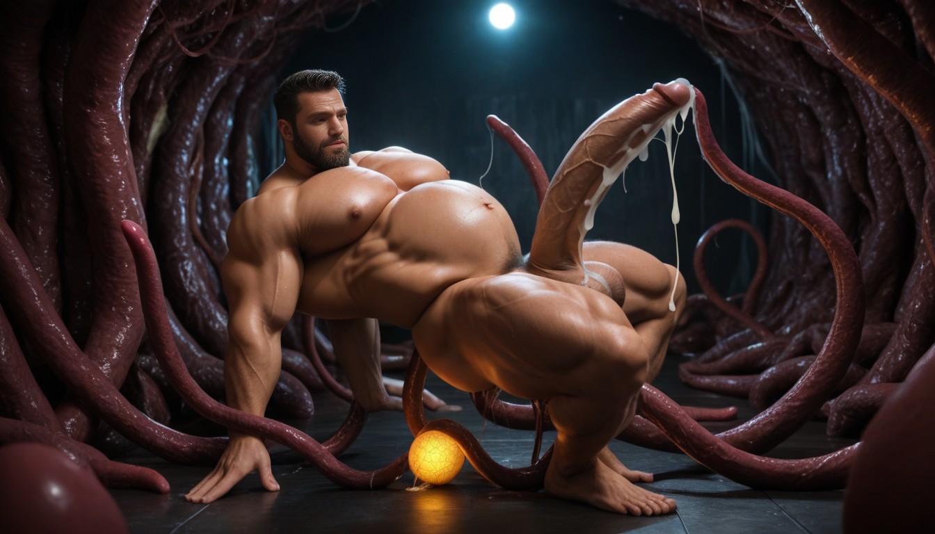 One Roided Male, Floor Covered Of A Lot Of Blackish Tentacles, Tentacles AI Gay Porn