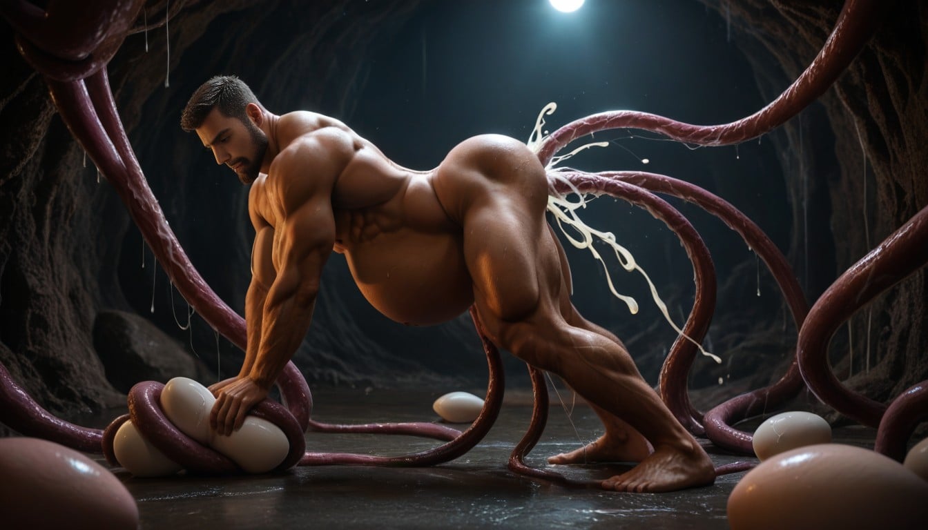 Legs Spread, Gigantic Huge Muscular Arms, Big Medium Beard Bodybuilder AI Gay Porn
