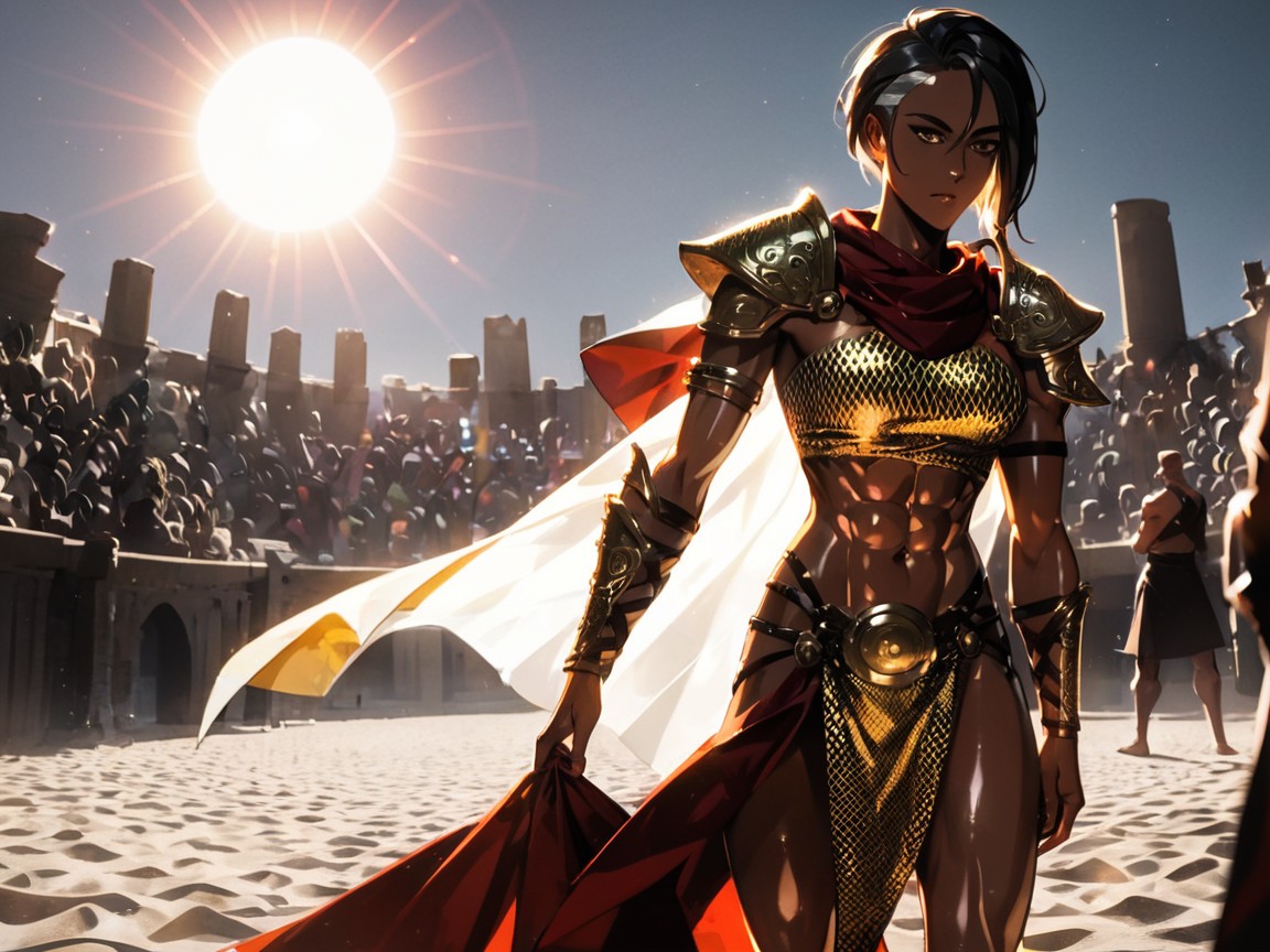 Fantasy Setting, Crowd Cheering In Background, One Woman Gladiator 라틴 AI 야짤