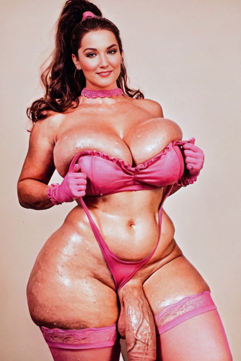 Sexy Body, Brunette, Pink Lacy Gloves Stockings Collar Shemale AI Porn