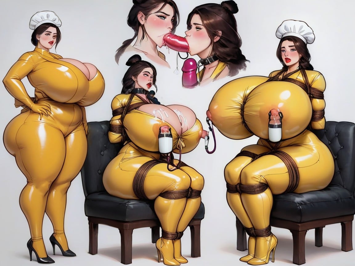 Enlarged Puffy Lactating Nipples, Long Yellow Latex Chef Uniform Catsuit, Collar (restraints) AI Porn
