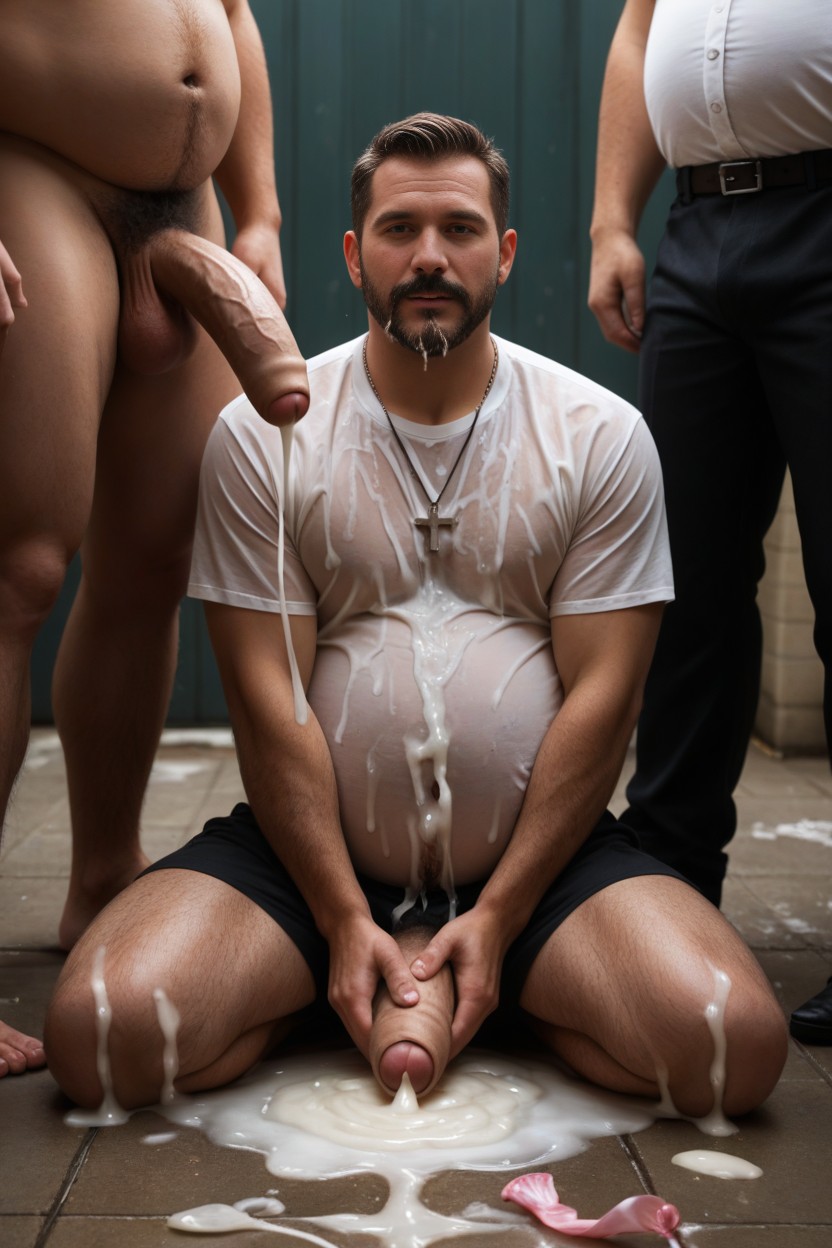 Kneeling In Mud, Foreskin In Pool Of Cum On Floor, Public Park At Night AI Gay Porn