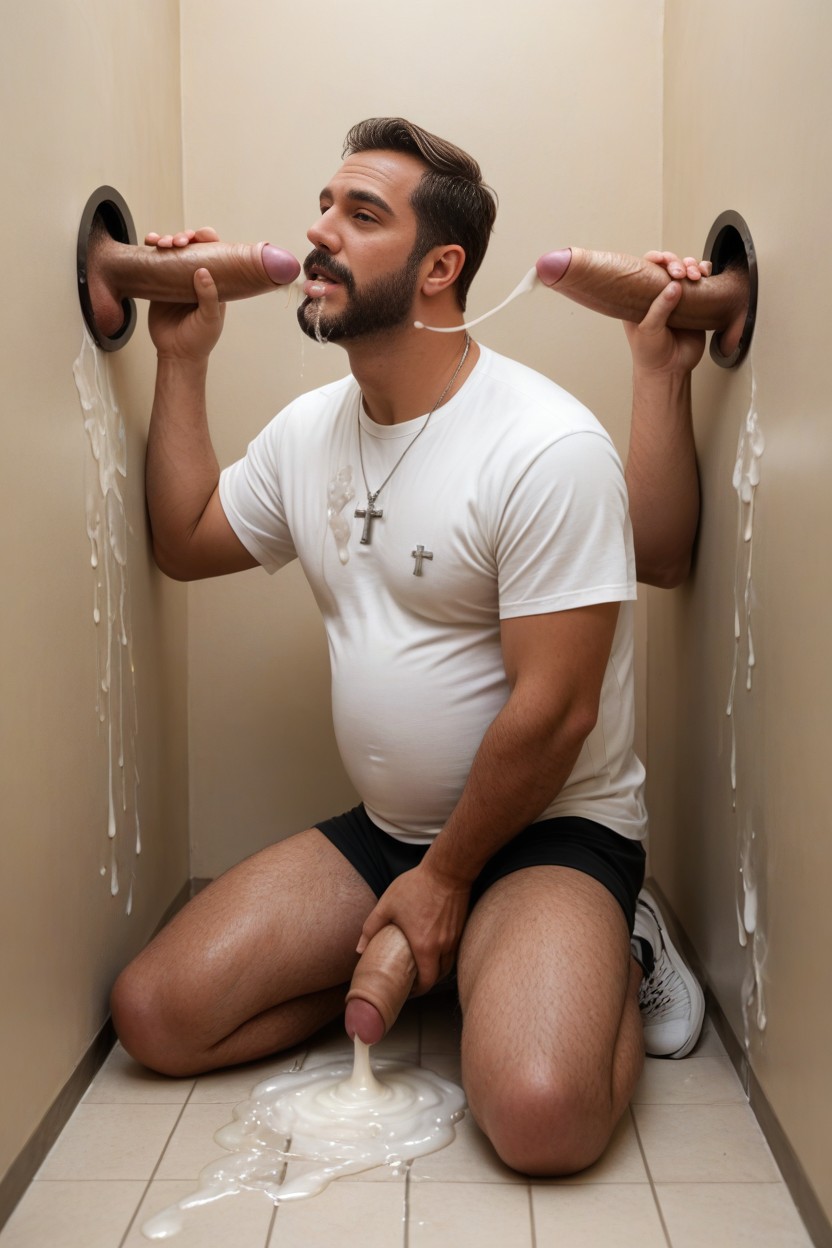 Handmade Gloryhole In Wall, Dripping Cum, Foreskin Covering Penis Glans AI Gay Porn