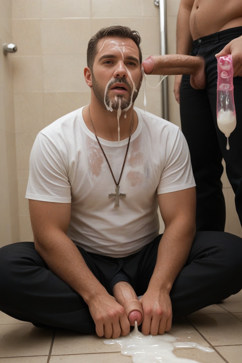 Cum Pool On Face, Wearing Silver Cross Necklace, Hyper Cumcum On Face AI Gay Porn
