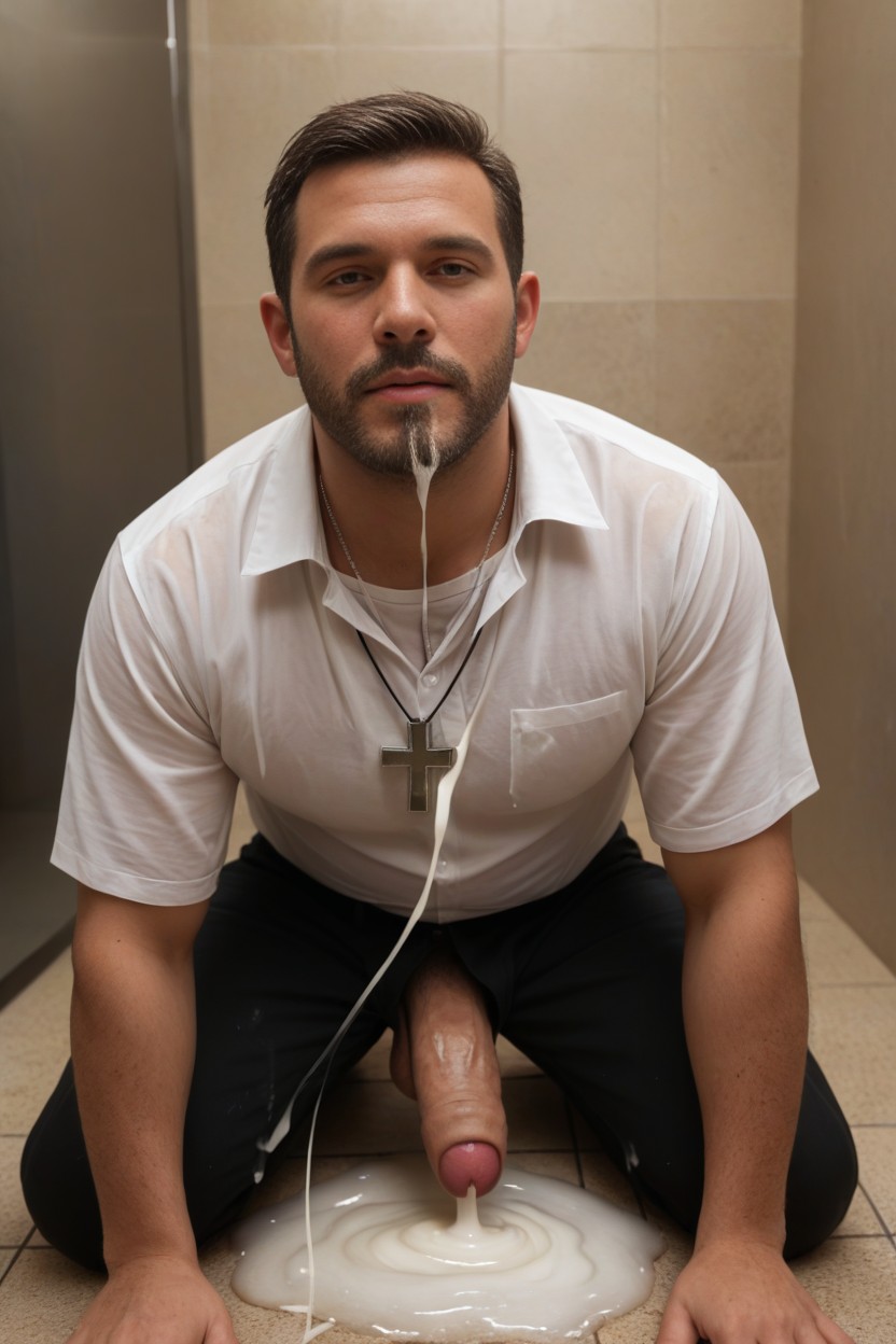 Sweaty And Wet Shirt With Dried Cum Stains All Over, Fat Old Man, Flaccid Penis AI Gay Porn