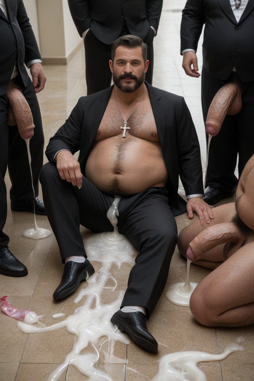 Fat Old Man, Cum Stains All Over Suit Jacket And Pants, Pouring The Cum From A Used Condom On Face AI Gay Porn