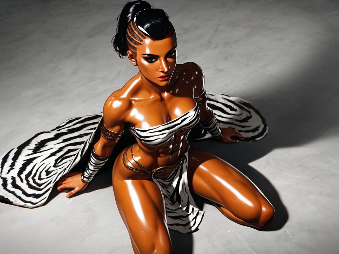 Kneeling, One Woman Gladiator, Wearing Silver Tiger Print Gladiator Clothes Latina AI Porn
