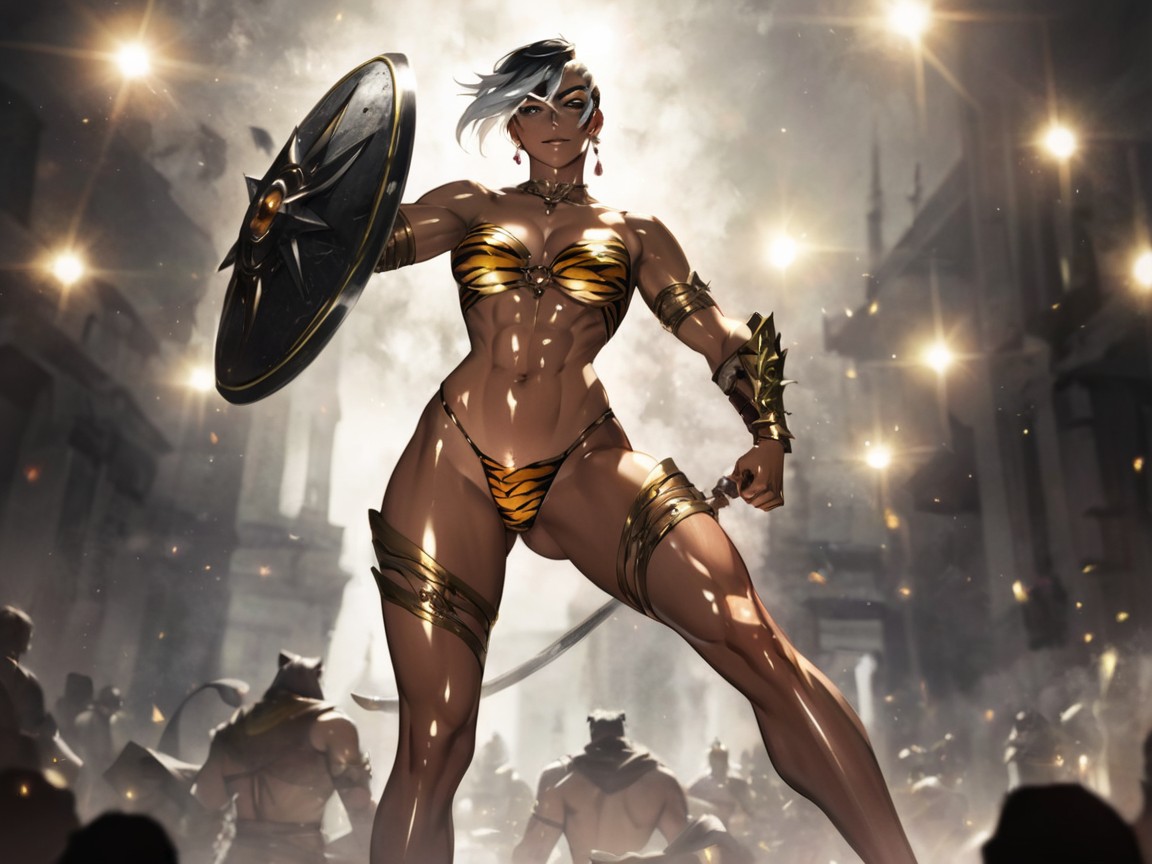 One Woman Gladiator, Rectangle Body Type, Low Torso Height Latina AI Porn