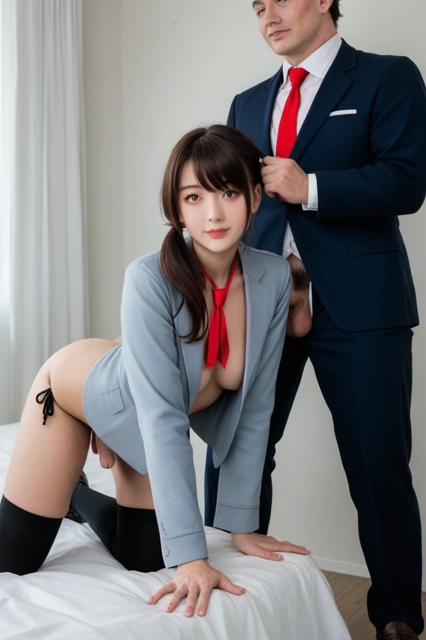 Loafers, Black Thigh-high Socks, Magenta Pink Button-up Dress Porno IA transsexuelle