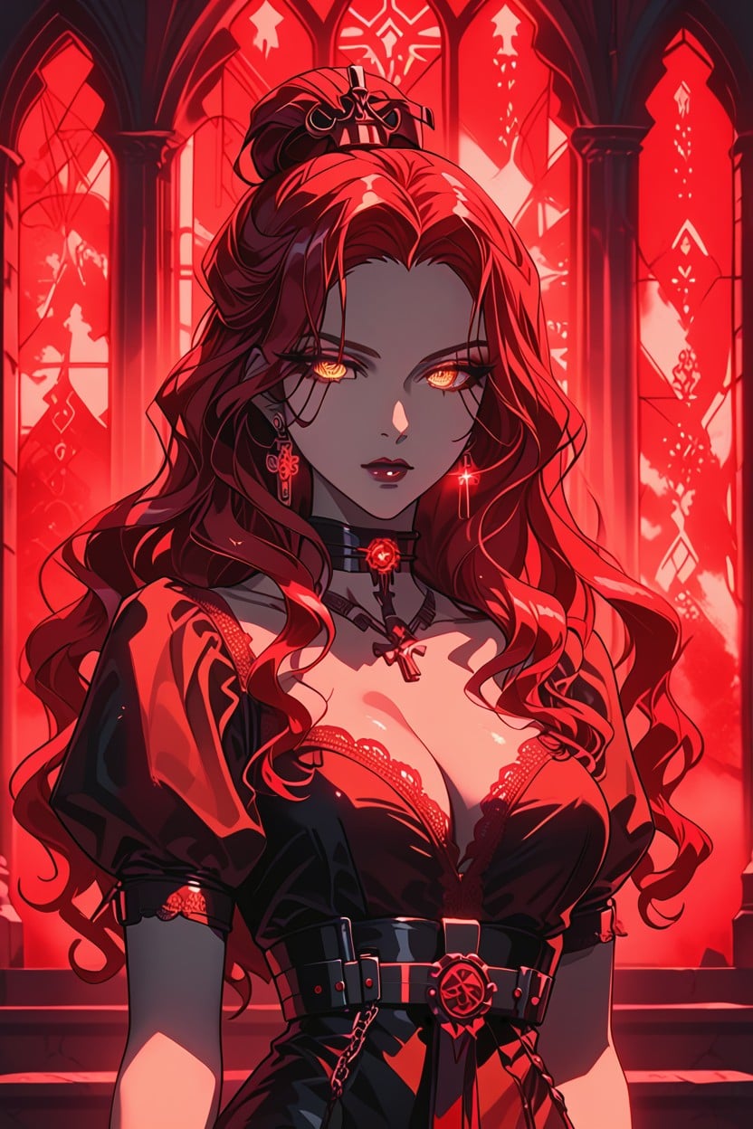 Waist, A Seductive And Powerful Anime Vampire Priestess, Glowing Red Hair Flowing Like Fire Hentai AI Porn