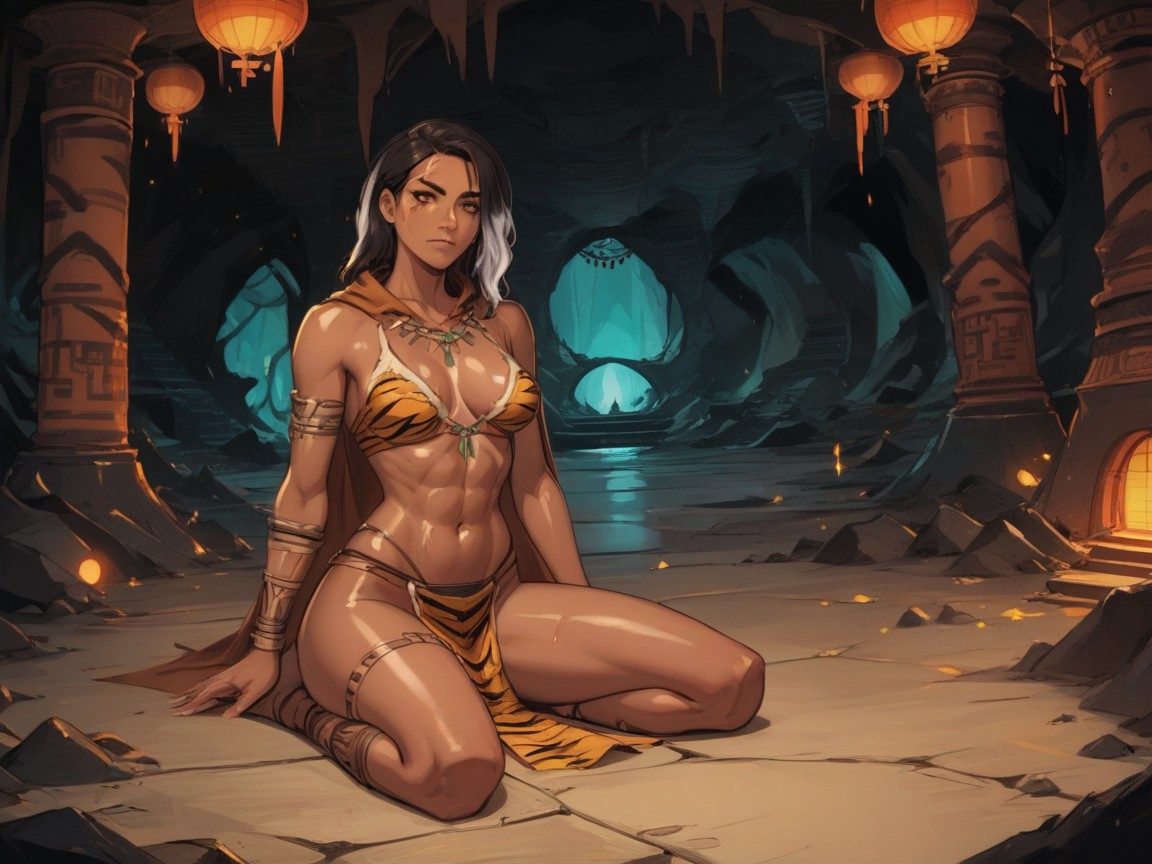 Squared Hips, Squared Chest Width, Silver Tiger Print Pelt Latina AI Porn