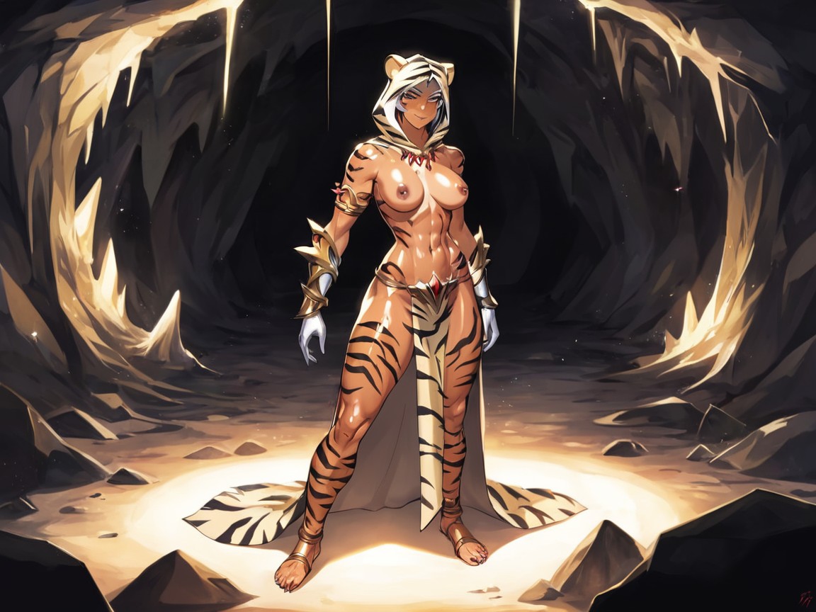 Downturned Eyes, Tiger Pelt On Floor, Tall Spears In Background Porno latina IA