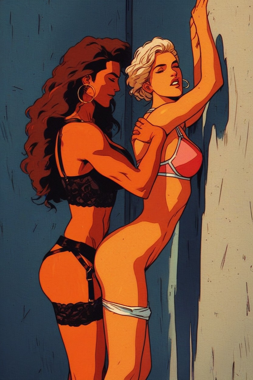 Wearing Lingerie, Victorious, Two Women Of Very Different Heights And Muscle Mass AI Porn