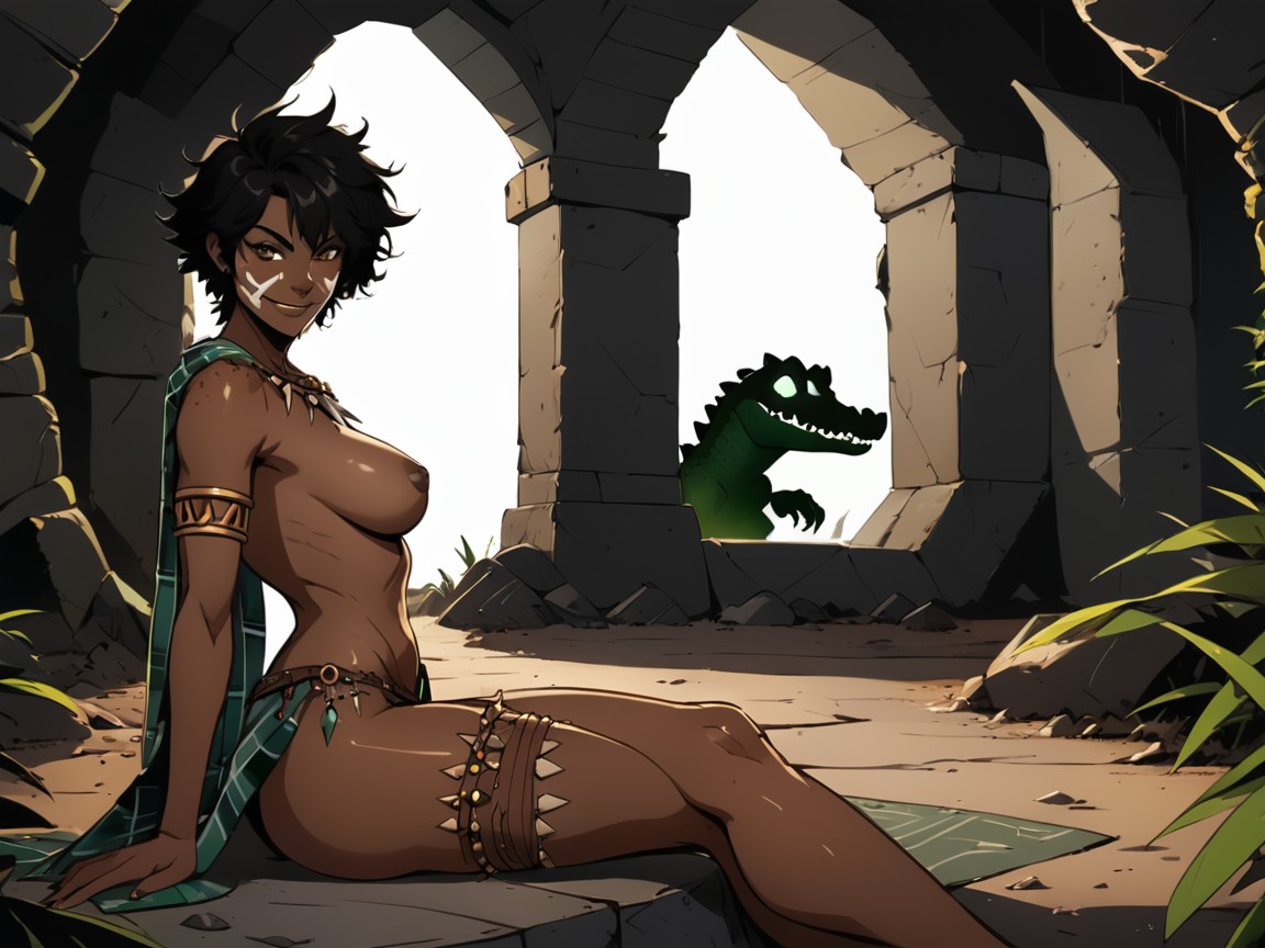 Skinny, Black Hair, Crocodile Pelt On Floor AI Porn